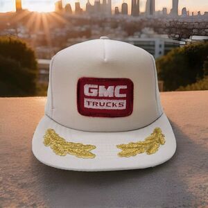 Vintage RARE GMC Trucks Patch Snapback Trucker Hat White Gold Scrambled‎ Eggs